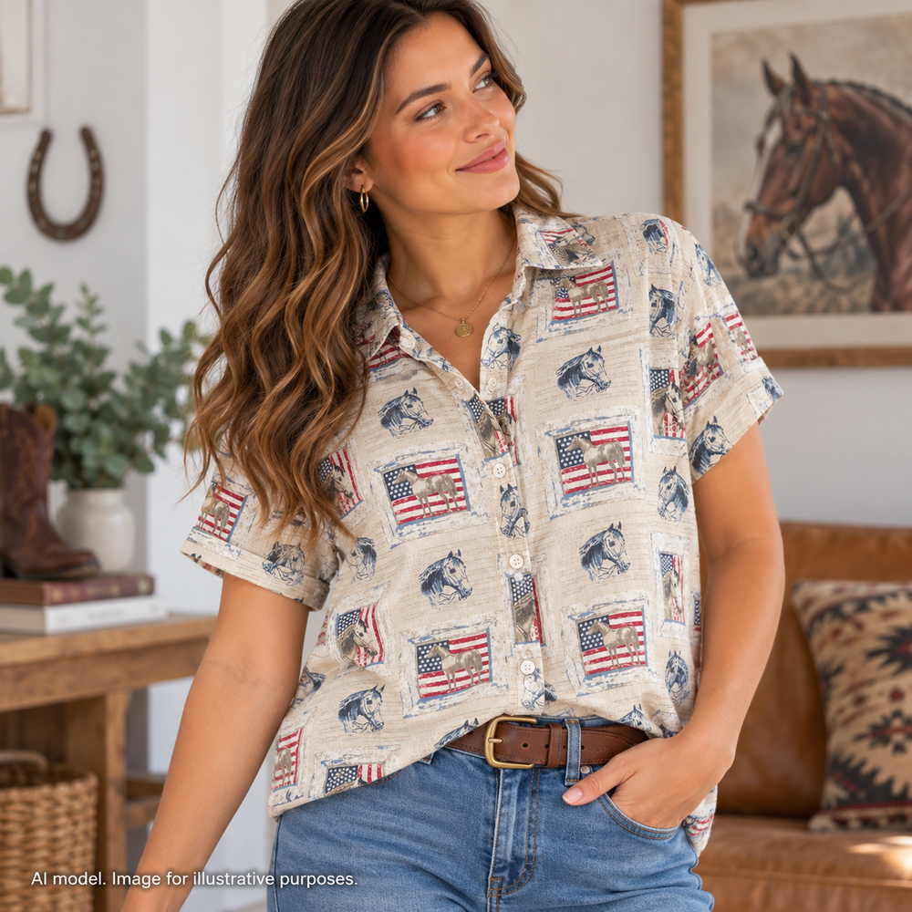 Bit & Bridle Shirt Women Medium Tan Equestrian Horse USA Flag Vintage Camp